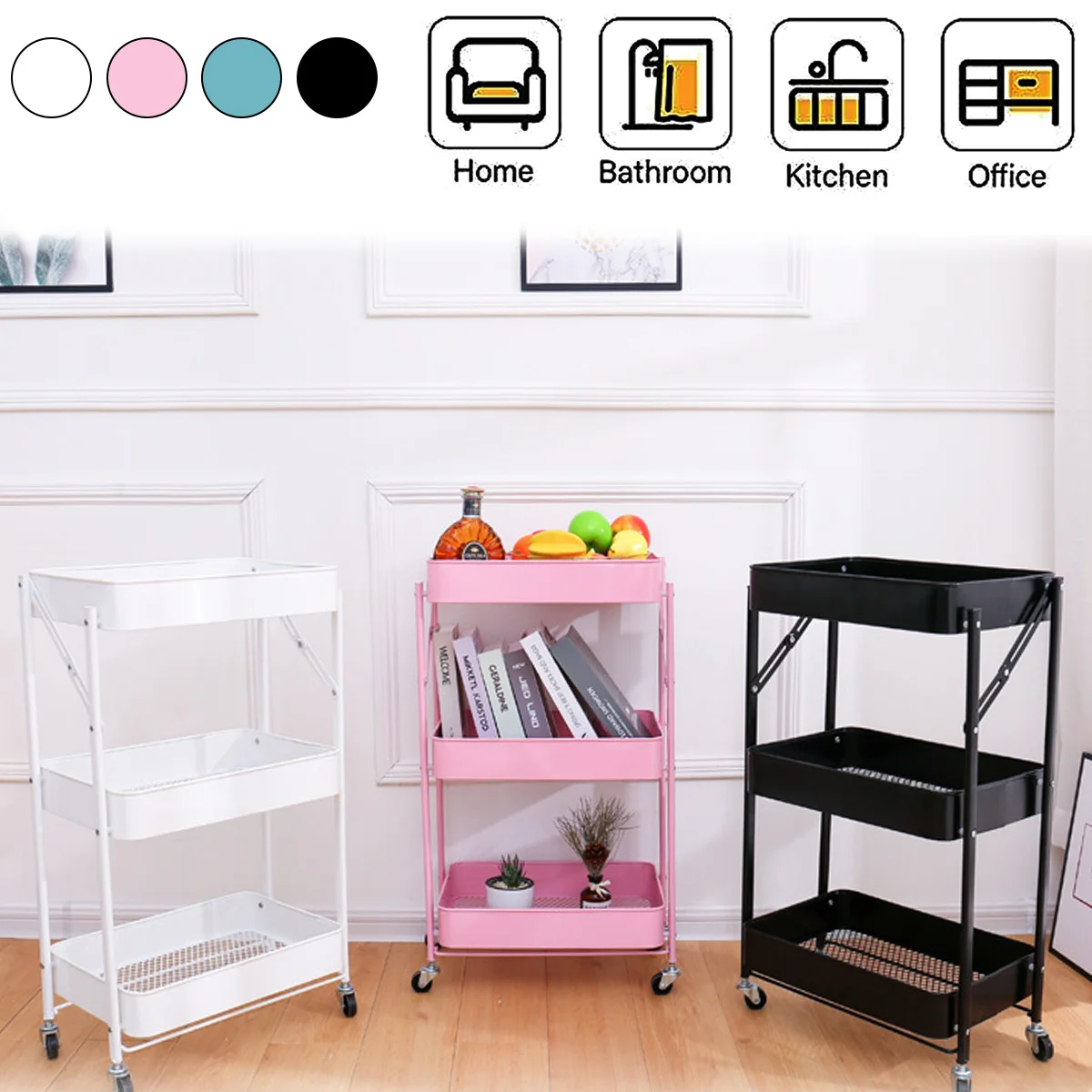 

Foldable Alloy 3 Tier Rolling Pantry Storage Utility Cart Mobile Kitchen Trolley Storage Rack Movable Bathroom Bedroom Organizer