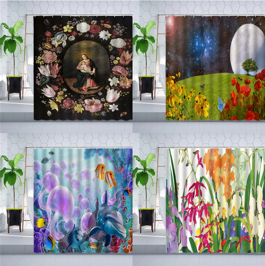 

Flowers Plants Scenery Shower Curtain Poppies Starry Sky Ocean Animals Whale Watercolor Floral Bathroom Curtains Bathtub Screens