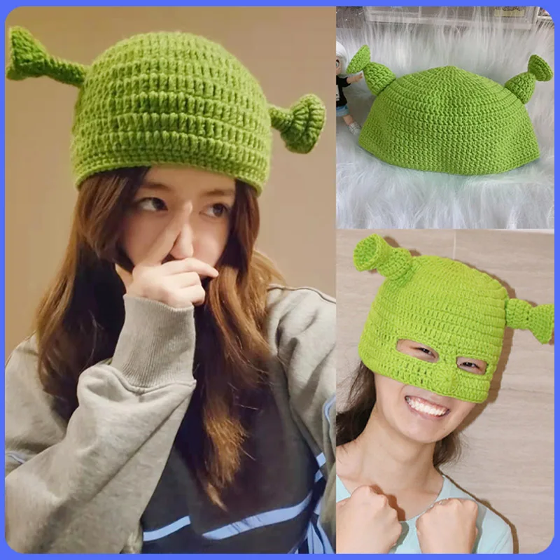 

2022 New Halloween Bonnet Unisex Balaclava Monster Shrek Hat Hand Made Winter Knit Hats Green Party Funny Beanie Skullies Cap