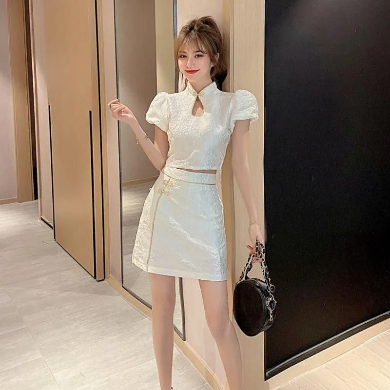 

New Summer Women Two Piece Set Embroidery Improved Cheongsam Outfits Lace Puff Sleeve Crop Top&High Waist Mini Skirt 2pc Suits