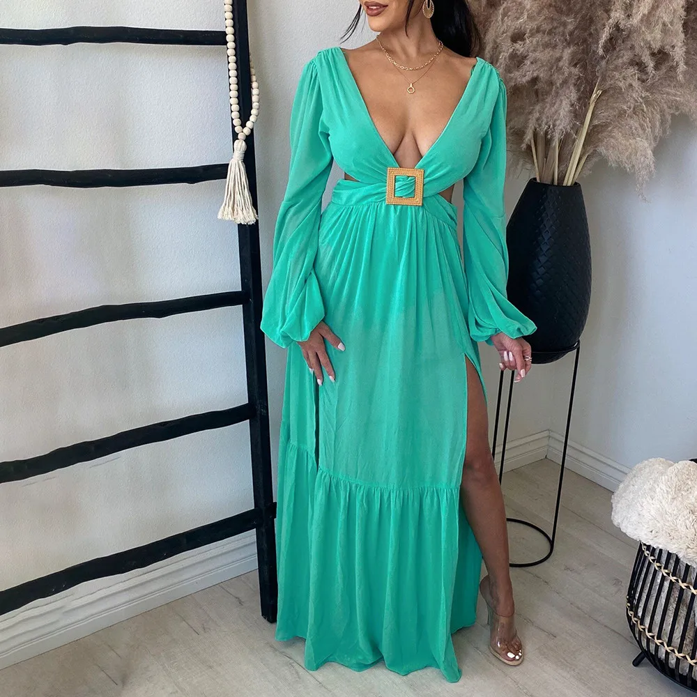 

Женское осеннее новое платье, простое модное однотонное платье с длинными рукавами и V-образным вырезом, соблазнительные кружевные драпиро...