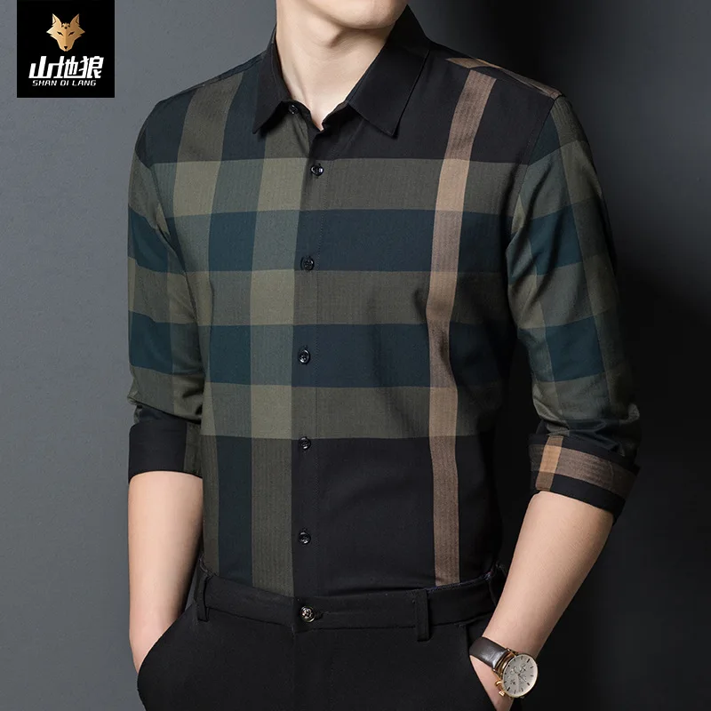 

Mountain Wolf men's 2021 spring new middle-aged striped business long sleeve shirt men's casual no iron shirt men's