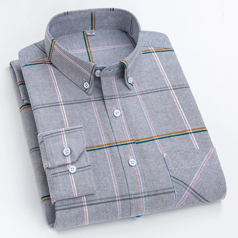 Men's Long Sleeve Oxford Plaid Striped Casual Shirt Front Patch Chest Pocket Regular-fit Button-down Collar Thick Work Shirts
