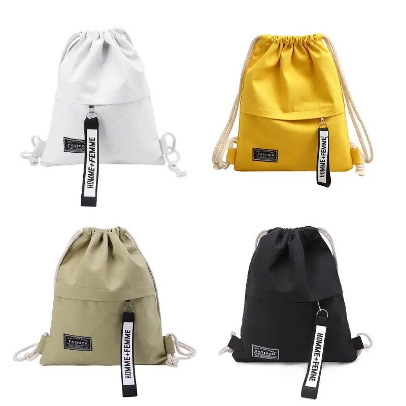 New Fashion Women Canvas Drawstring Backpack Solid Color Letter Pattern String Closure Knapsack School Gym Storage Packet