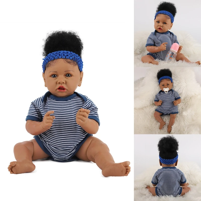 

23 дюйма, африканская кукла, кукла-рождение, моющаяся, имитация ребенка, силикон с реалистичными черными волосами, подарок новорожденному ма...