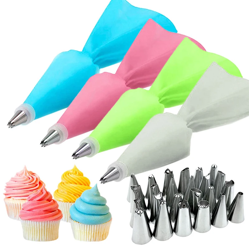 

DIY Cake Decorating Bakery Tools Accessories Kitchen Gadgets Reusable Pastry Bag 26Pcs/Set Silicone Icing Piping Cream Nozzles