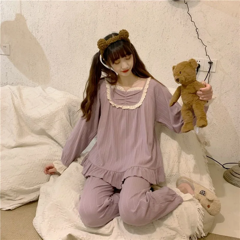 QWEEK Autumn Pajamas Womens Two Piece Sets Ruffles Bow Pijamas Kawaii Solid Color Pyjamas Purple Bule Sleepwear Home Clothes