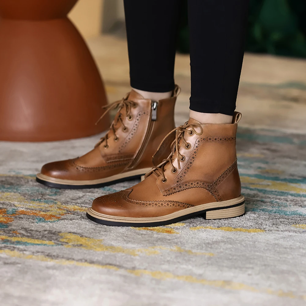 spesifikasi Tendang Renda Up Pergelangan Kaki Sepatu Bot Wanita Kulit Asli Musim Gugur Musim Dingin Klasik Inggris Sepatu Fashion Sepatu Wanita Flat Hitam Coklat 40