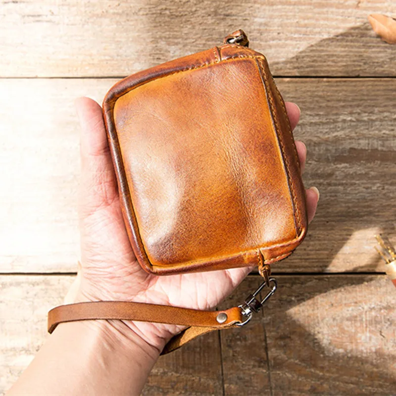 

Vintage vegetable tanned leather wallet women distressed small coin purse leather zipper men's card bag key case men