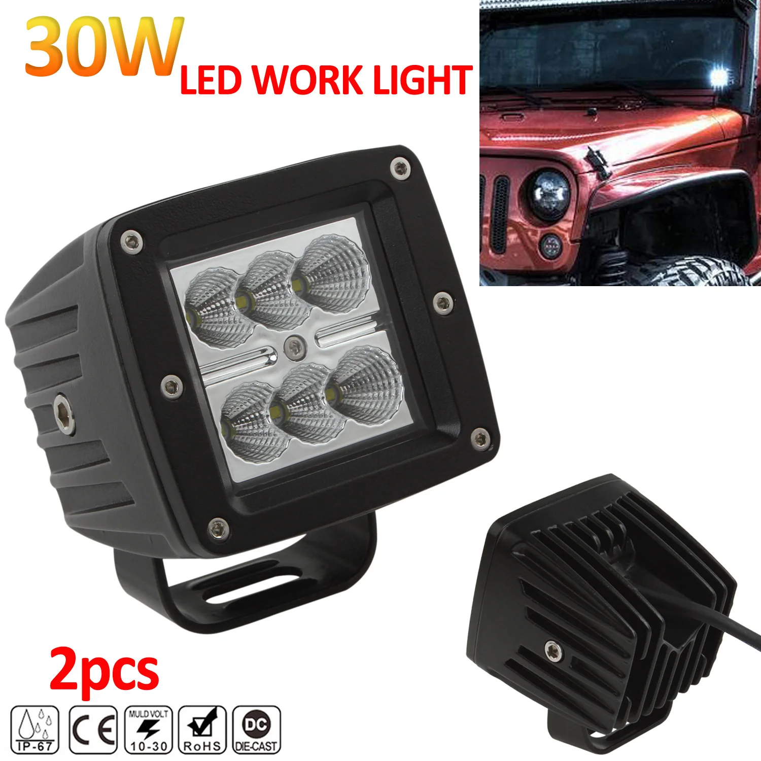 

2x 30W 10-30V LED Work Light White Light Lamp 3000LM 6500K Spotlight Floodlight for Motorcycle Tractor Boat 4WD Offroad SUV ATV