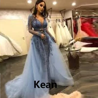 Gray Detachable Train Evening Dresses Full Sleeve Special Occasion Islamic Dubai Kaftan Saudi Arabic Evening Gown Prom Dress