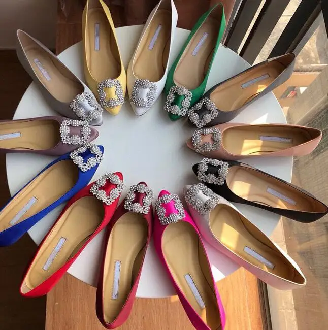

2021 New Classic Brand MB Pointed Flat Shoes Women's Buckle Flat-heeled Silk Satin Rhinestone Light Red Wedding Shoes 34-42
