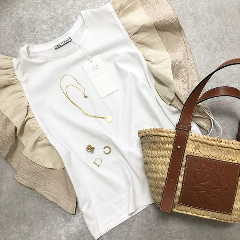 Женская футболка с короткими рукавами Повседневная составного кроя оборками