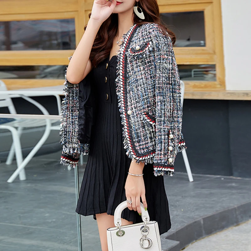 Женский твидовый пиджак PERHAPS U черный с V-образным вырезом длинным рукавом