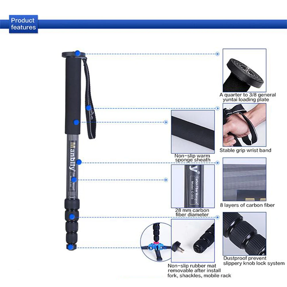 Cadiso Manbily C-333 Professional Carbon Fiber Portable Tourism Monopod Bracket Can Stand with Mini Tripod Base for Camera DSLR