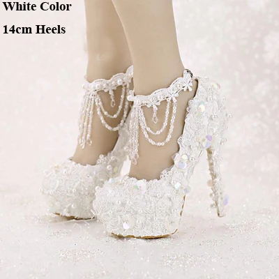 White 14cm Heels Очаровательные белые свадебные туфли Туфли к платью на высоком каблуке со шнуровкой и ремешком Расшитые блестками свадебные туфли с кисточками и очаровательными ремешками - Цвет: White 14cm Heels