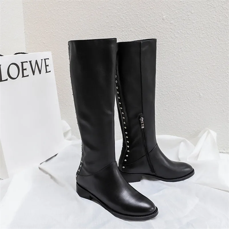 Black Velvet Lining Meotina/зимние сапоги до колена; женские сапоги для верховой езды из натуральной кожи с заклепками и блочным каблуком; обувь на молнии с круглым носком; Женская Осенняя обувь; размеры 34-39 - Цвет: Black Velvet Lining