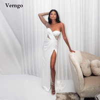 verngo white silk long evening dresses one shoulder sleeve dotted high side slit prom gowns women simple party celebrity dress