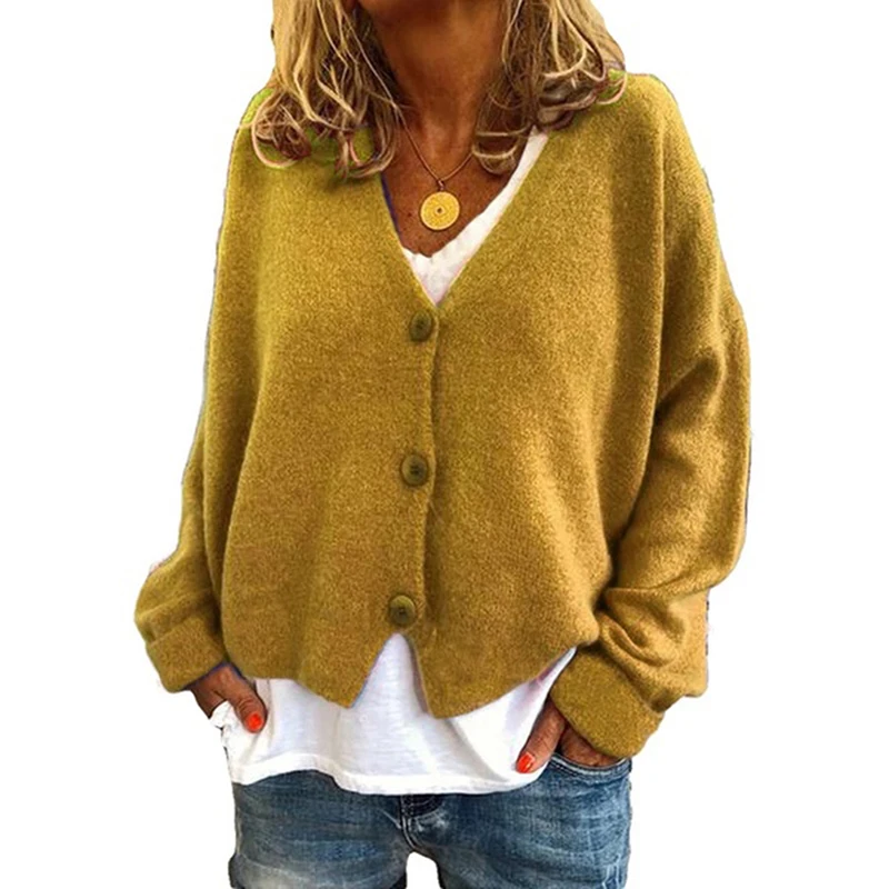 

Autumn And Winter New Ladies Sweater Korean Fashion Loose V Neck Knitted Jacket Top Casual Button Long Sleeve Ladies Sweater