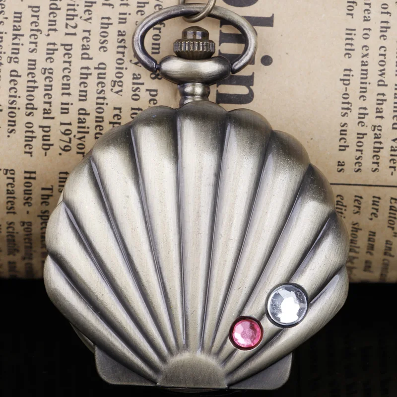 

Винтажные бронзовые милые кварцевые карманные часы в форме ракушки, цепочка, античное ожерелье, подвеска для мужчин и женщин