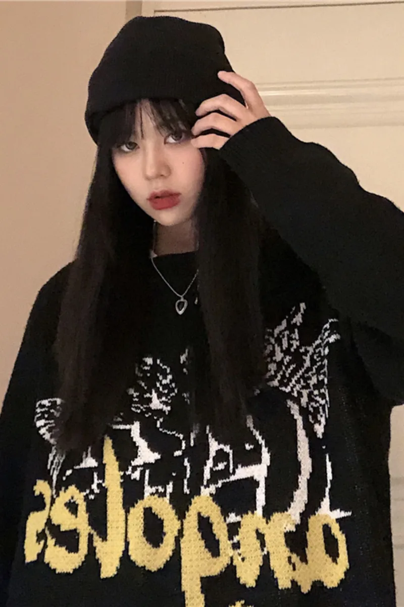 Woherb Stylish Vintage Sweater Jumpers for Women Harajuku Streetwear 2022 Autumn Winter Angel Print Female Knitted Pullovers | Женская
