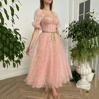 pink prom dresses 2021 vestido de formatura tea length wedding party gowns puff short sleeve boho bridesmaid dress floral print