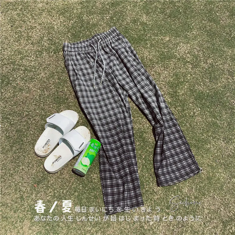

Summer Thin Casual Pants Men's Fashion Drawstring Plaid Pants Men Streetwear Korean Loose Straight Wide Leg Pants Mens Trousers