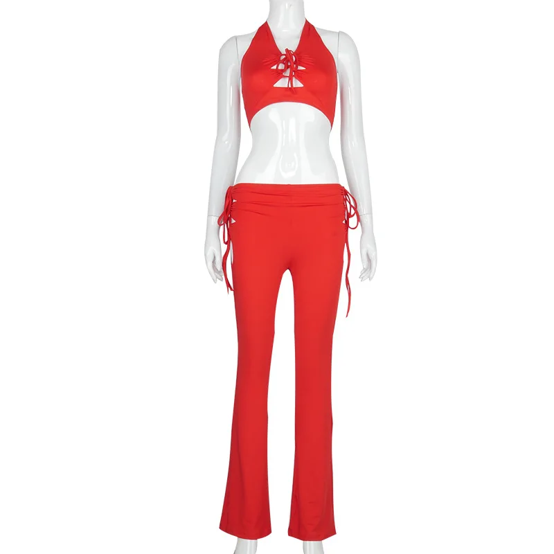 

Women's 2021 new halter neck crop top low-waist hollowed out tie trousers casual suit
