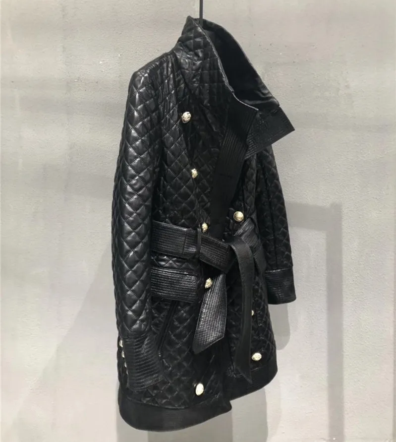 Brand Design Women Genuine Leather Jacket Coat Spring Classical Plaid Double Breasted Real Leather Jacket Belt