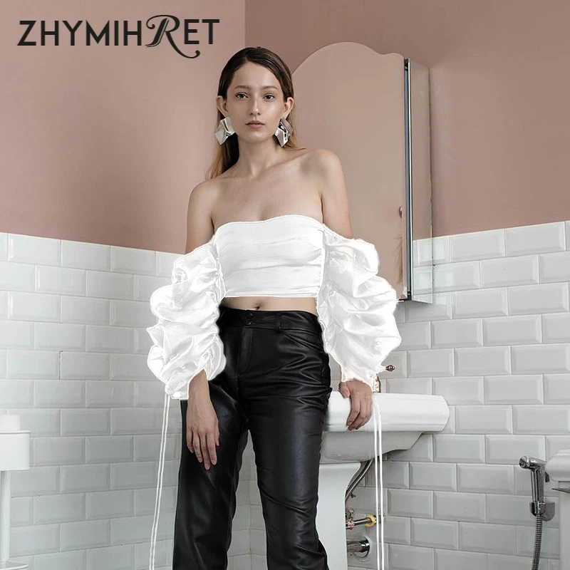 ZHYMIHRET сетчатый рукав Лоскутная блуза с вырезом лодочкой женское буфами открытыми