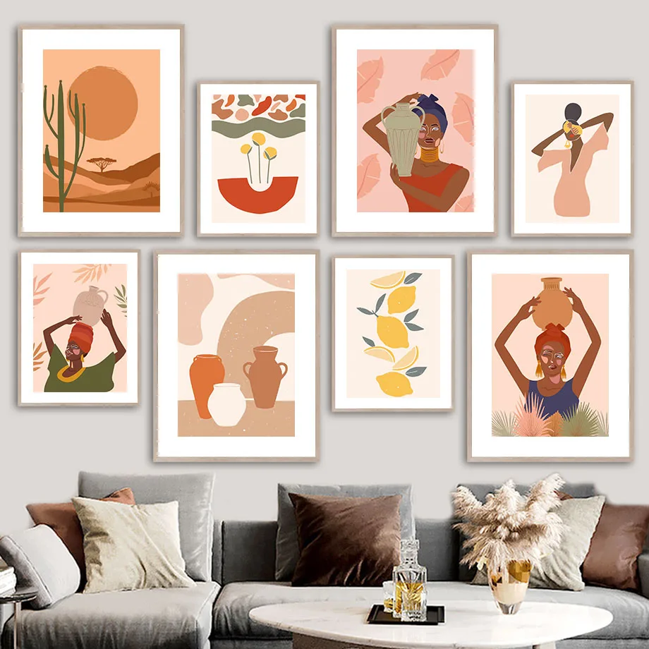 

Woman Cactu Sun Cycad Lemon Vase Wall Art Canvas Painting Nordic Posters And Prints Wall Pictures For Living Room Bohemian Decor