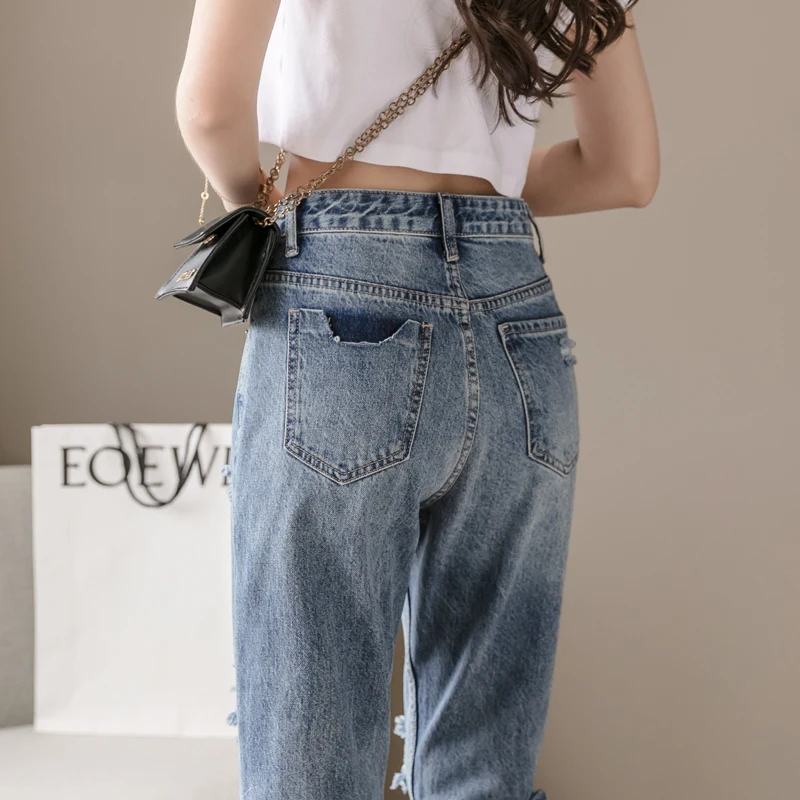 

TongSiHai Jeans Women Ladies Summer Fashion High Waist Ripped Denim Pants Girls Students Straight Jean Trousers Vaqueros Mujer