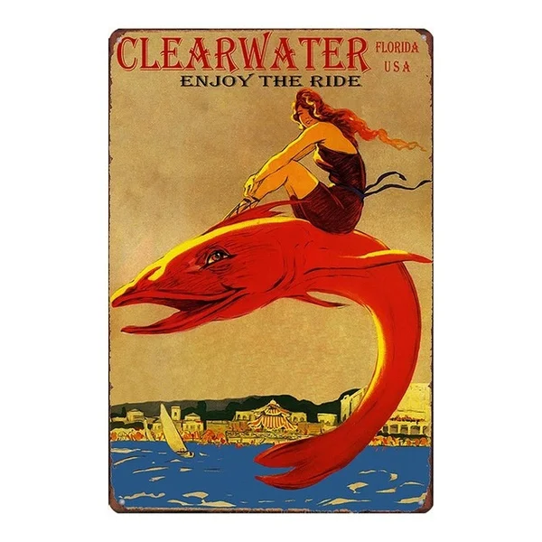 

Vintage Metal Tin Sign Florida Clearwater Enjoy The Ride Funny Girl Riding Fish Home Bar Garden Wall Decor Plaque Sign 12X8Inch