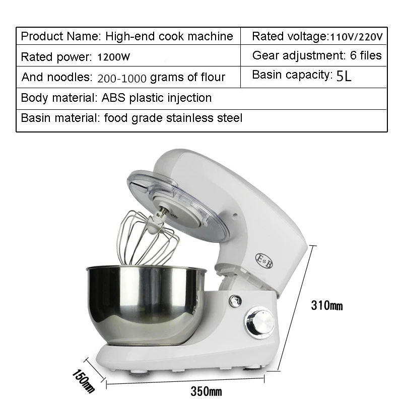 

5L Electric food mixer Automatic Eggs Beater Milkshake Cake Dough Maker Stand Mixers Chef Blender Machine 110V