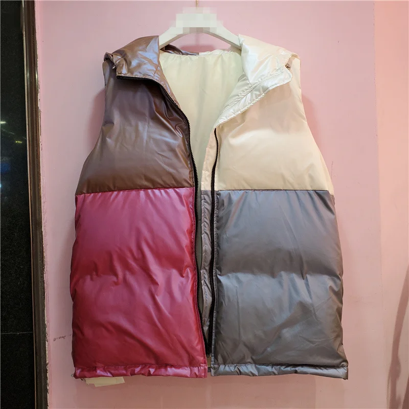 

SeeBeautiful Contrast Color Spliced Loose Thick Vest Tops Hooded Sleeveless Zipper Warm New Fashion 2021 Winter Women G751