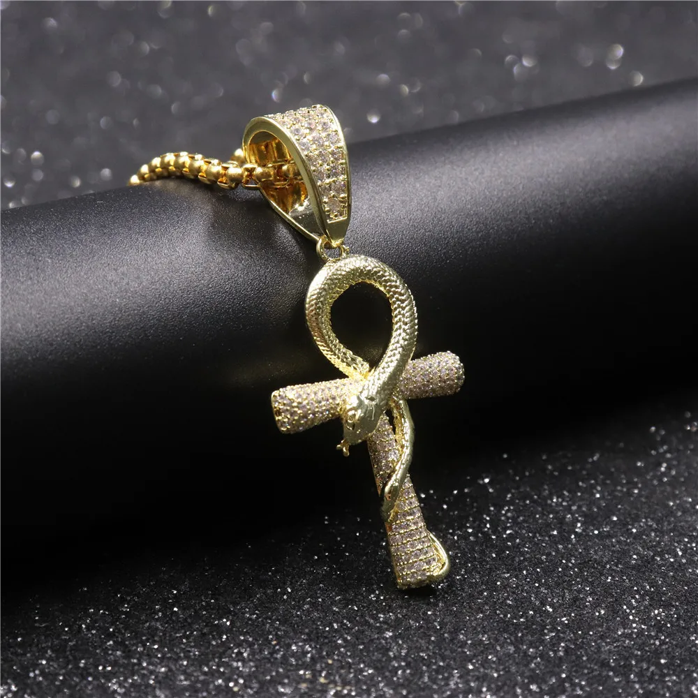 

Men Hip hop iced out Ankh cross with snake pendant necklaces pave setting cubic zirconia male vintage necklace Hiphop jewelry