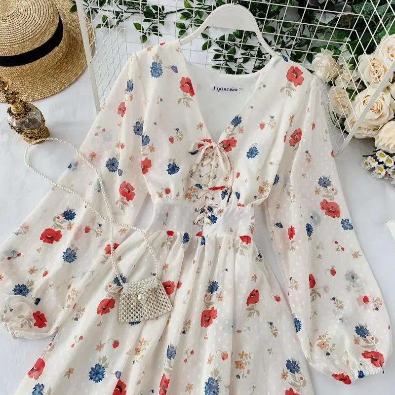 Женское шифоновое платье с рукавами-фонариками и оборками | Женская одежда