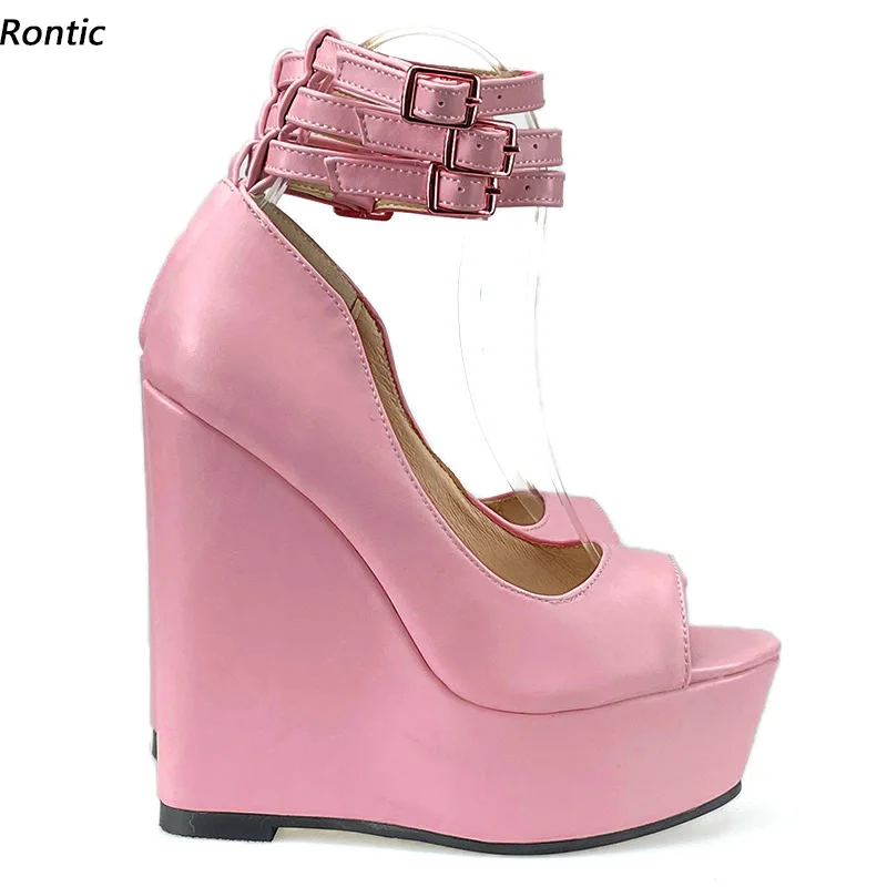 

Rontic Handmade Women Platform Pumps Ankle Strap Wedges Heels Peep Toe Gorgeous Pink White Yellow Party Shoes US Size 5-20