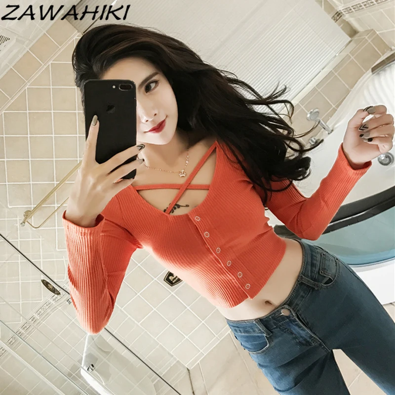 

ZAWAHIKI Women's Clothes Short Tops Long Sleeves Spring Autumn All-match Slim Sexy Sweater Cardigan Thin Solid Crop Sweaters