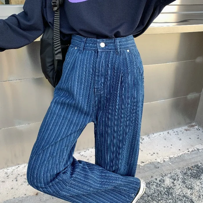 

new winter high waist loose mop the floor show thin stripes jeans trousers women show high straight wide-legged pants