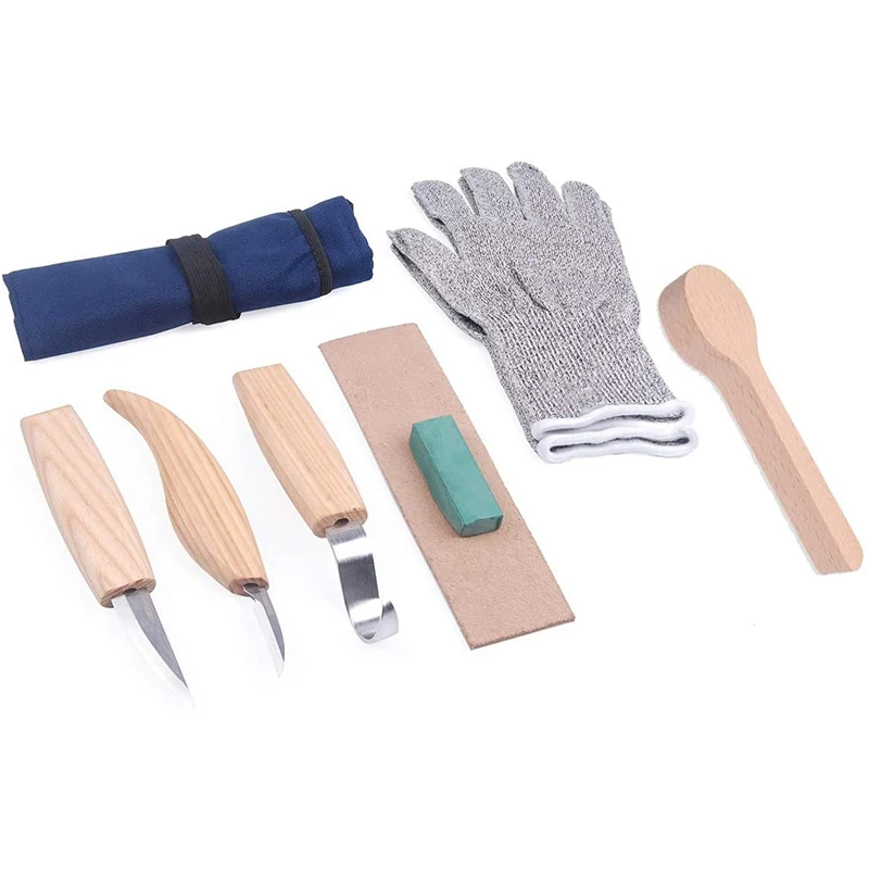 

Набор инструментов для резьбы по дереву, ложка, 3 ножа в рулоне, перчатки, 7 шт.