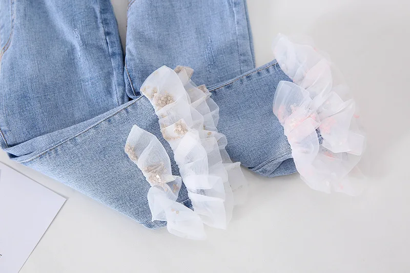 

WLG Girls Jeans Kids Summer Cropped Denim Blue Lace Jean Baby Girl Cute All Match Trousers for 1-5 Years