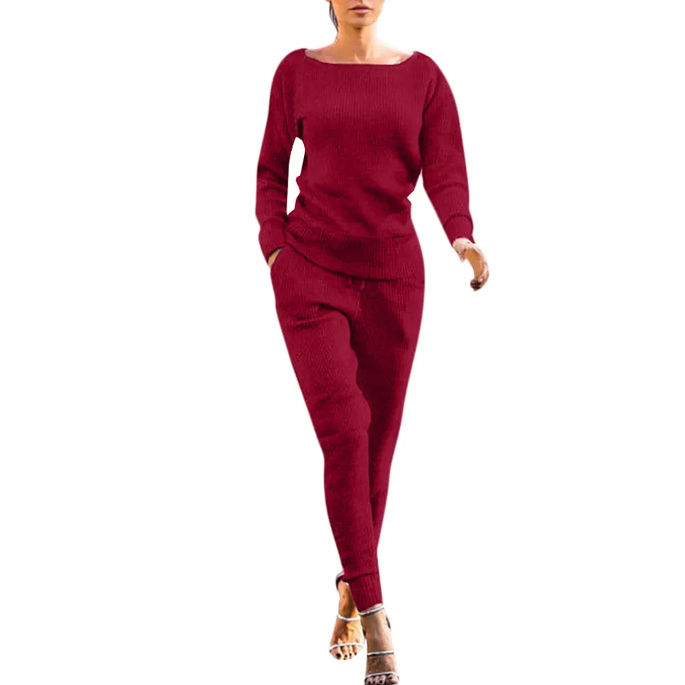 Wine Red Для женщин 2 шт. осень с длинным рукавом бинты спортивный костюм толстовки джемперы свитер+ брюки наборы одежды повседневный костюм# g3 - Цвет: Wine Red