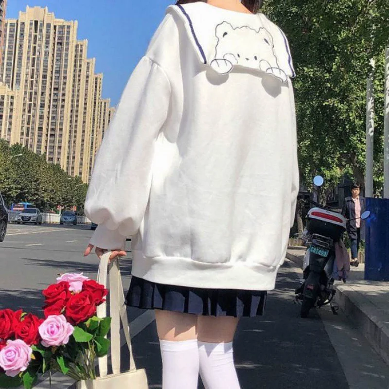 

White Preppy Style Sweet Girl Spring Autumn Plush Sweatshirts Kawaii Teddy Bear Sweatshirts Women Bow Sailor Suit Cute Pullovers