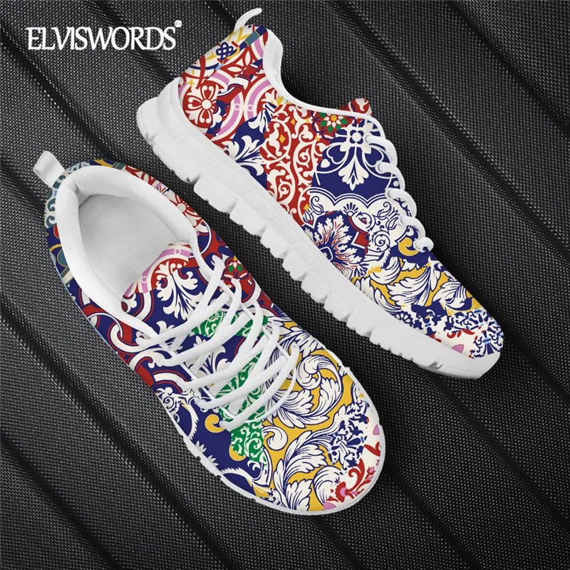 

ELVISWORDS Japanese Traditional Fabric Patchwork Women's Breathable Running Shoes 2020 Fashion New Ethnic Tribal Sport Sneaker