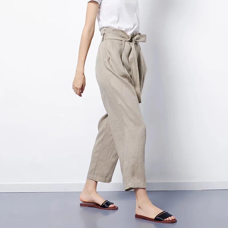 SUYADREAM Women Pants 100%Linen Solid High Waisted OL Ankle-Length 2020 Office Lady Spring Summer Trousers | Женская одежда