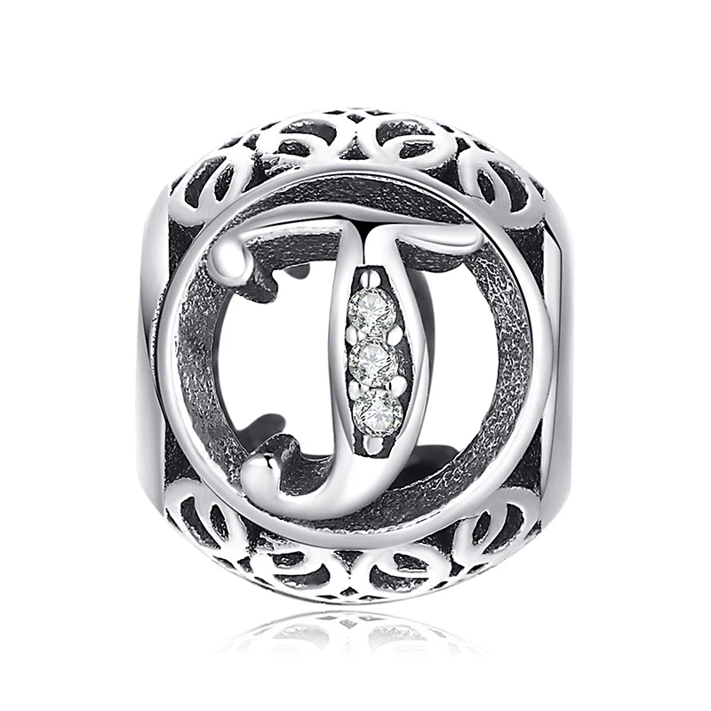 JewelryPalace Мода Письмо A-Z кубического циркония Aucthentic 925 пробы серебряный шарм для изготовления браслет DIY ювелирных подарок - Окраска металла: T