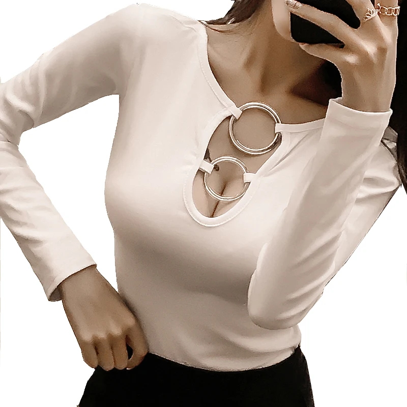 Тонкие модные футболки Весна Осень сексуальный v-образный вырез стильная женская