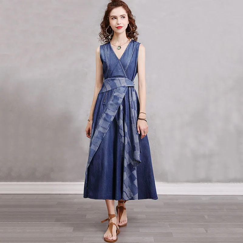 

SeeBeautiful Vintage Plaid Stitching Loose A-line Denim Dress V-neck Sleeveless Thin New Fashion 2022 Summer Women E851