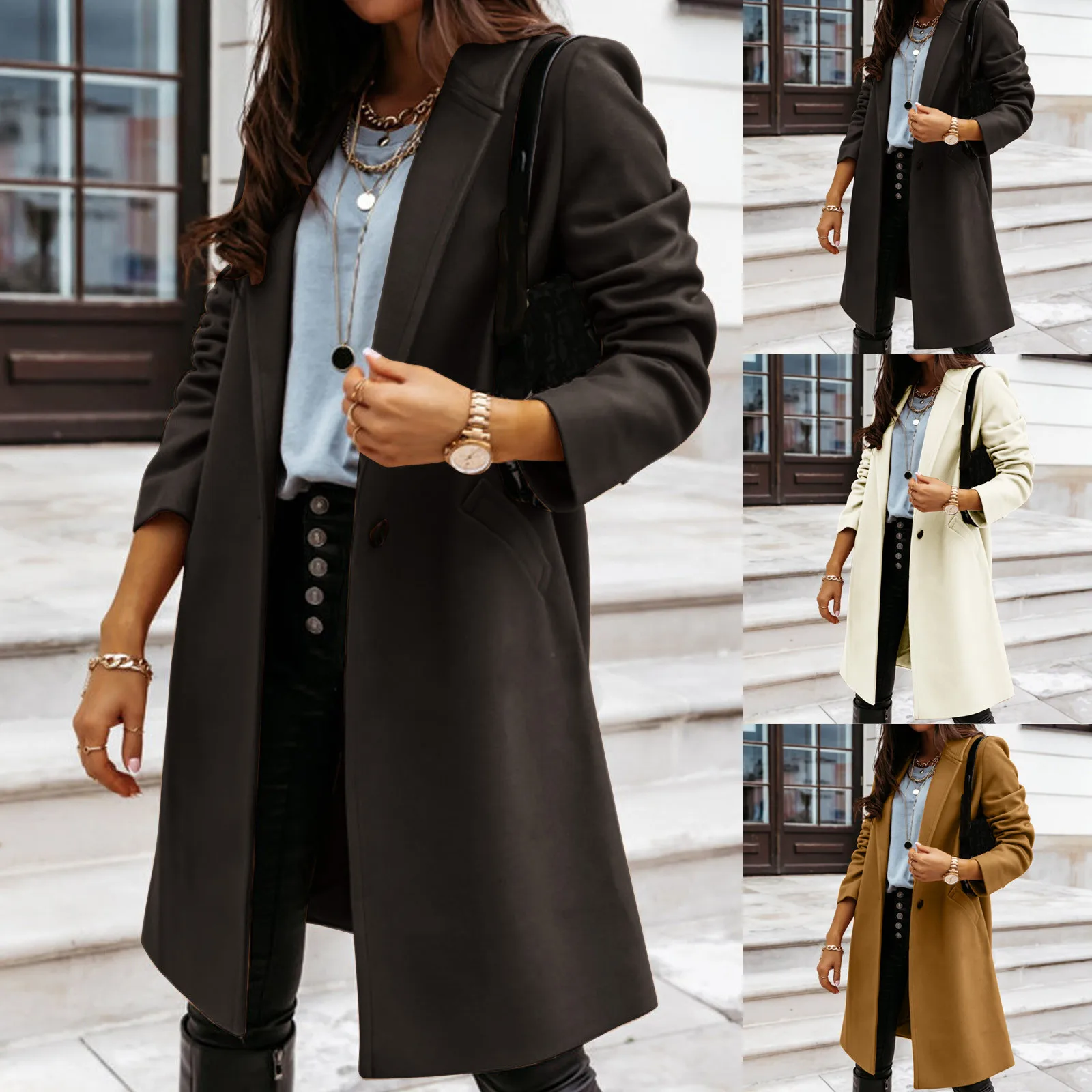 

Women's Slim Coat Long Trench Ladies Overcoat Outwear Faux Wool Jacket Thin Women's Coat